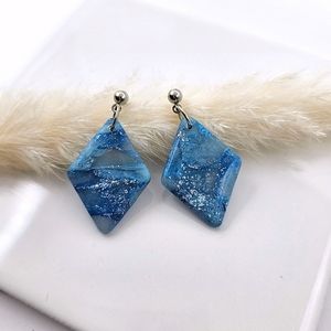 Diamond Shaped Blue Marbled Dangle Earrings Glossy Polymer Clay Handmade